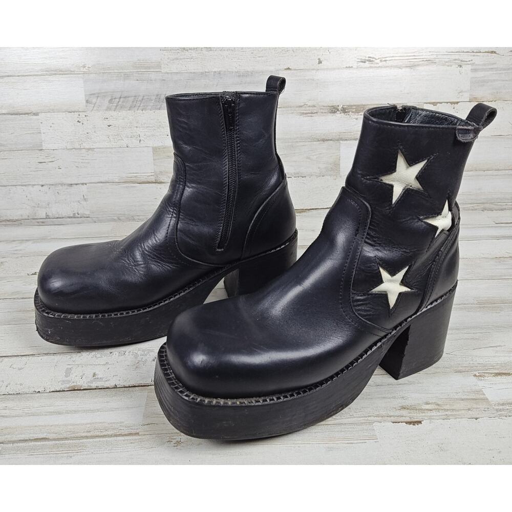 VTG Y2K DESTROY Platform Chunky Blk Leather Ankle Boots Sz43/US11.5 Star Inlays